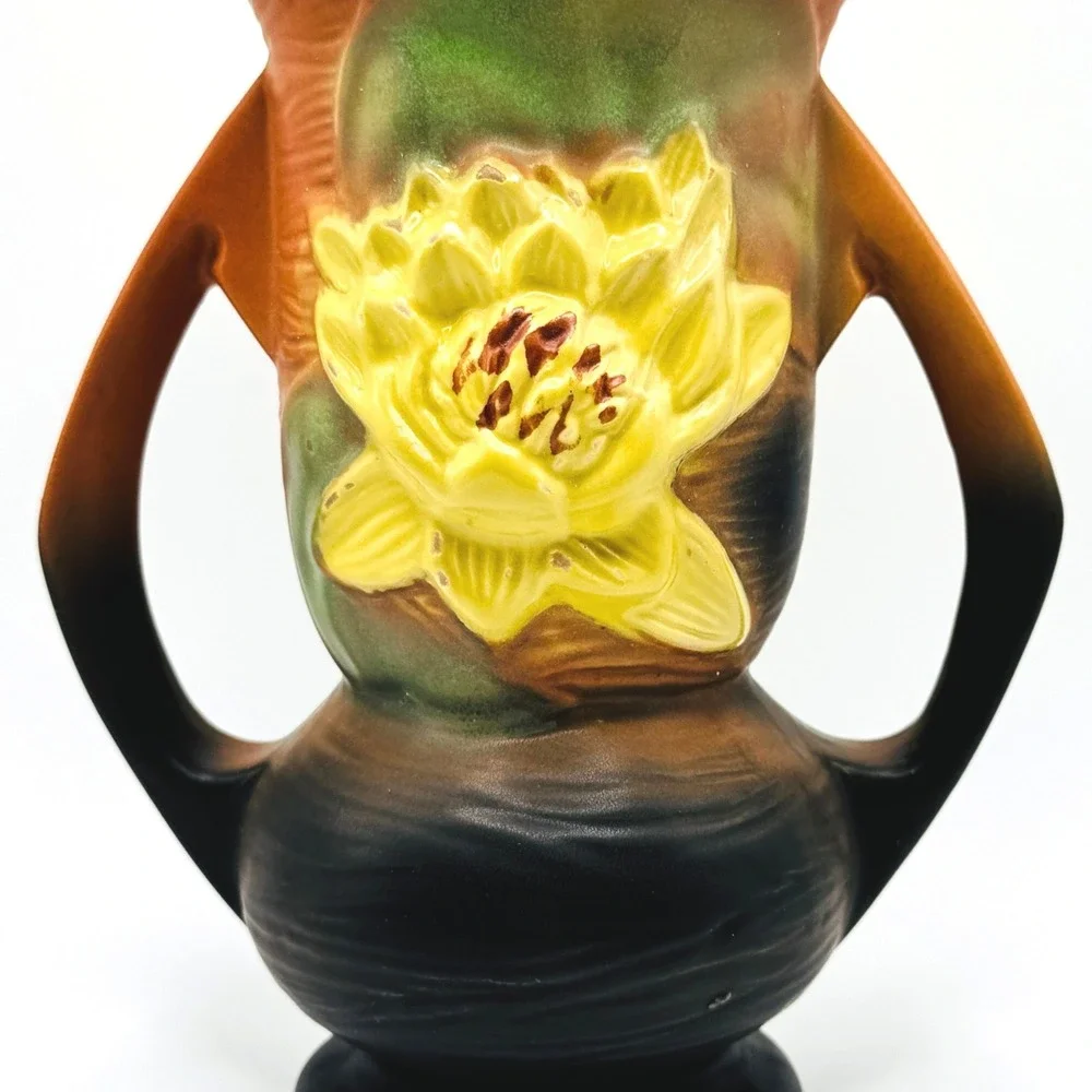 Roseville Water Lily 74-7 Vase Brown Green Yellow 1943 Art Pottery USA 7.25